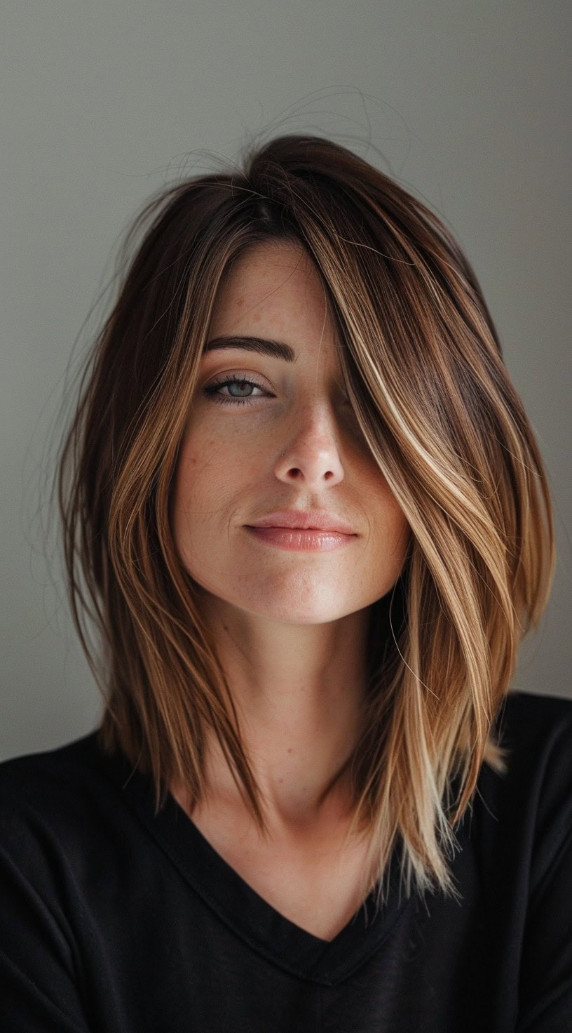 In the photo, a woman with an asymmetrical lob and highlights looks confidently at the camera.