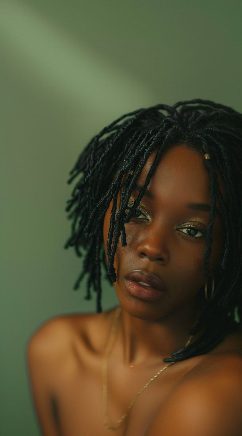 In this photo, a woman with an asymmetrical thin locs bob tilts her head slightly, highlighting the unique cut of her hairstyle.