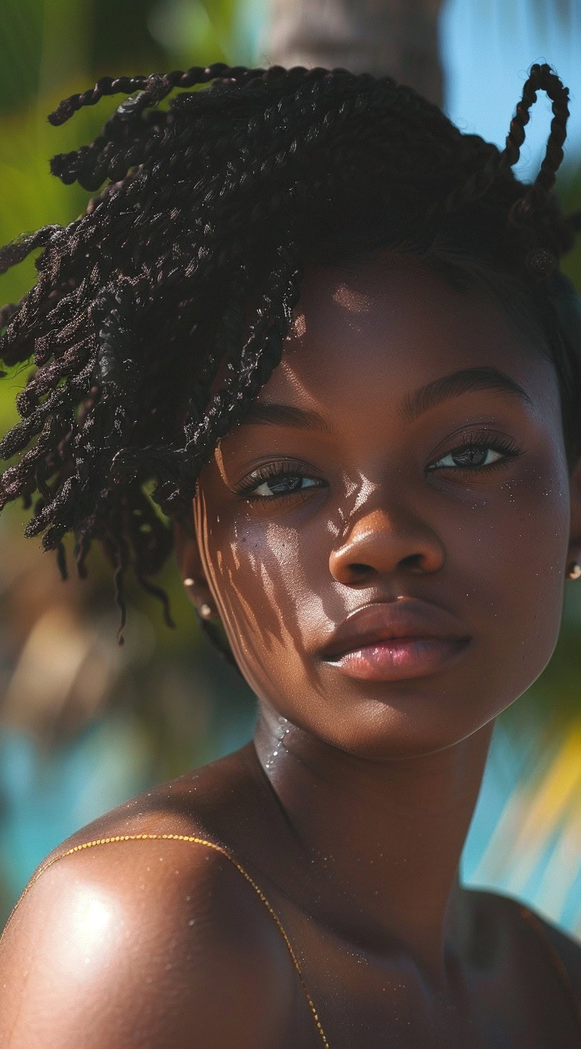 A woman with asymmetrical two-strand twists styled elegantly against a tropical background.