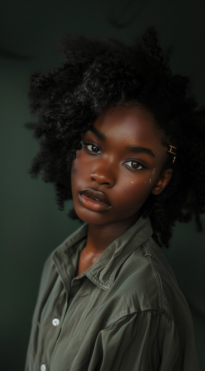 In this photo, a woman with natural 4c hair styled in an asymmetrically pinned twist-out looks directly at the camera.