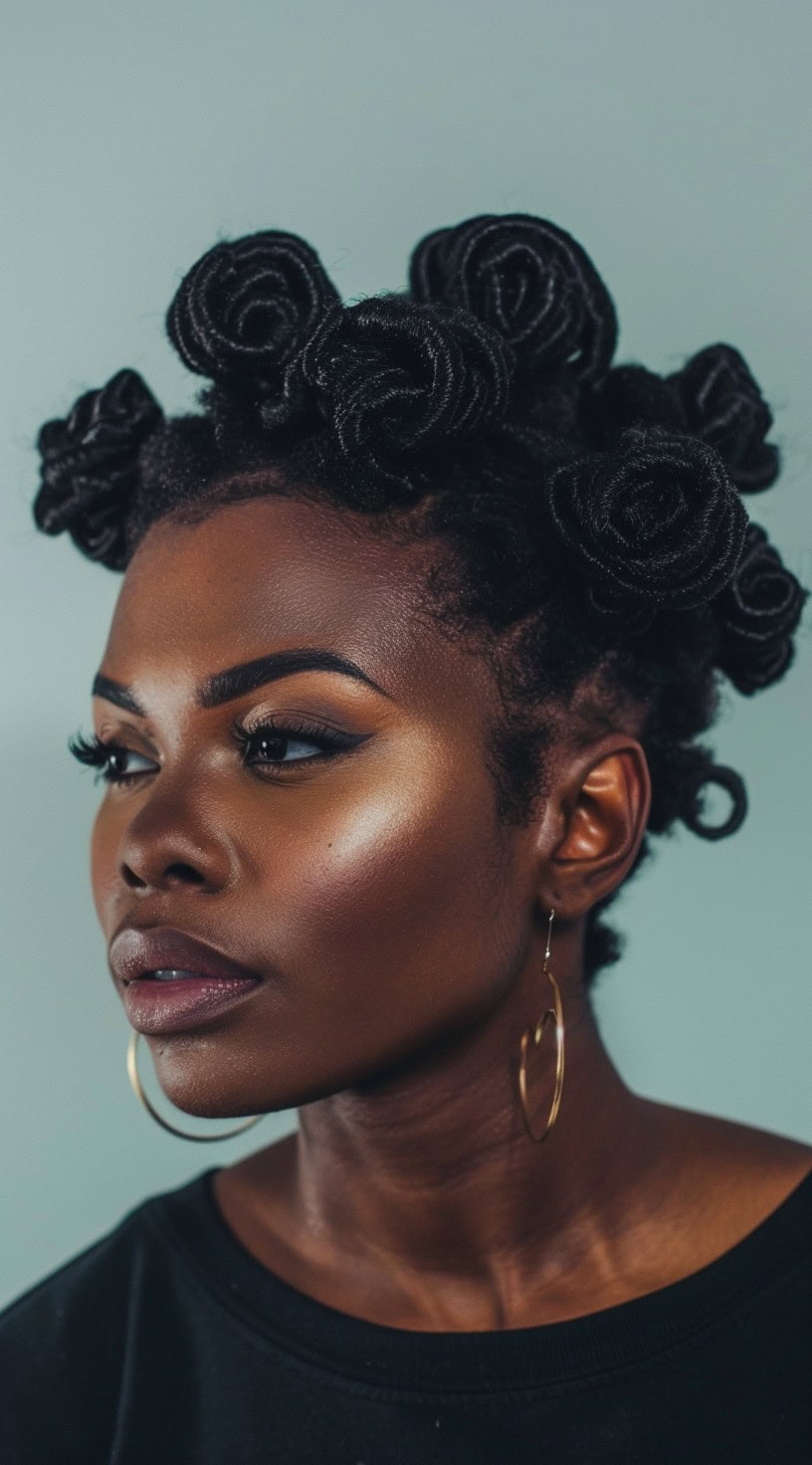 A woman with medium-length 4c hair styled in multiple Bantu knots.