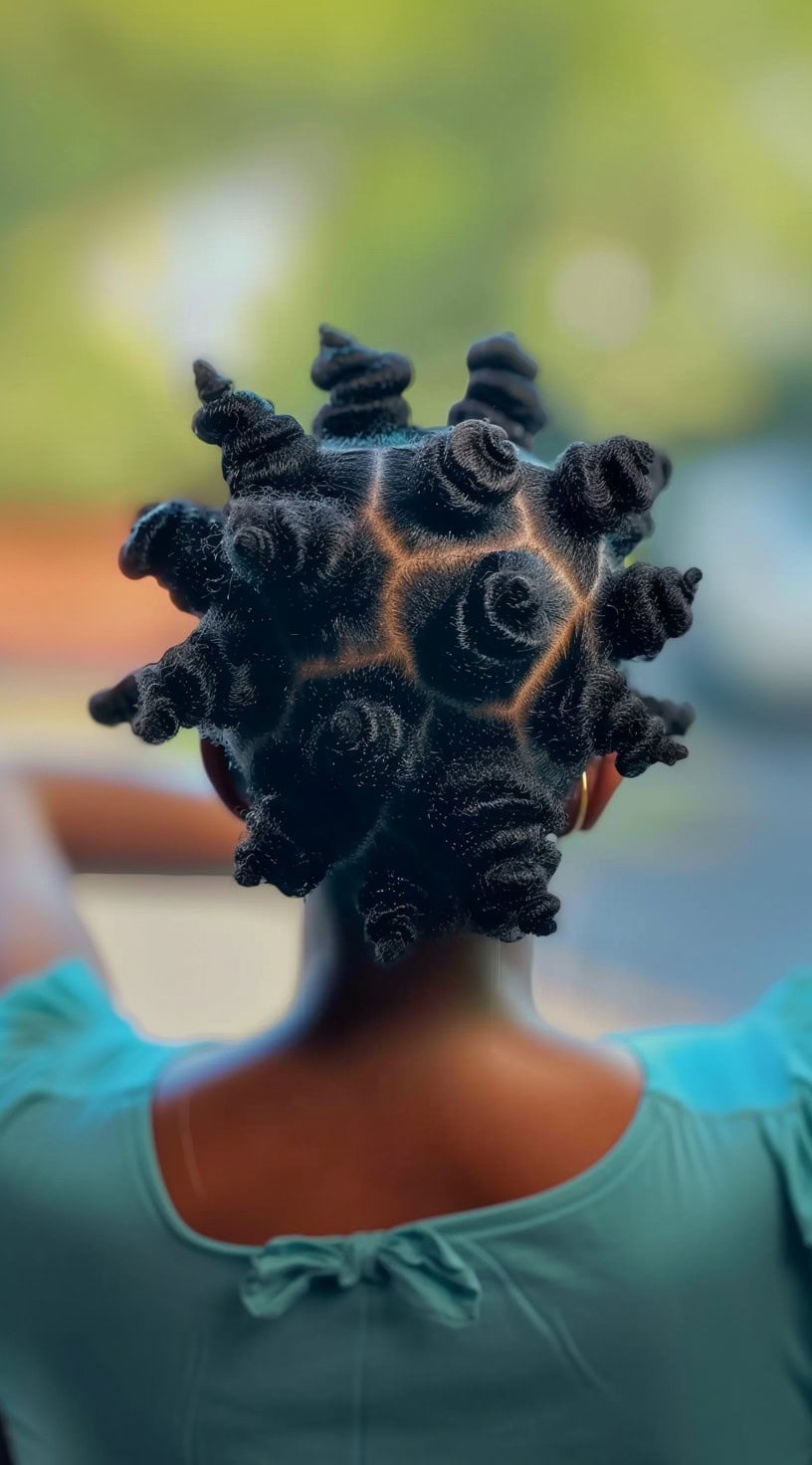 Bantu knots are tightly coiled knots sectioned into neat triangular parts, as seen from the back.