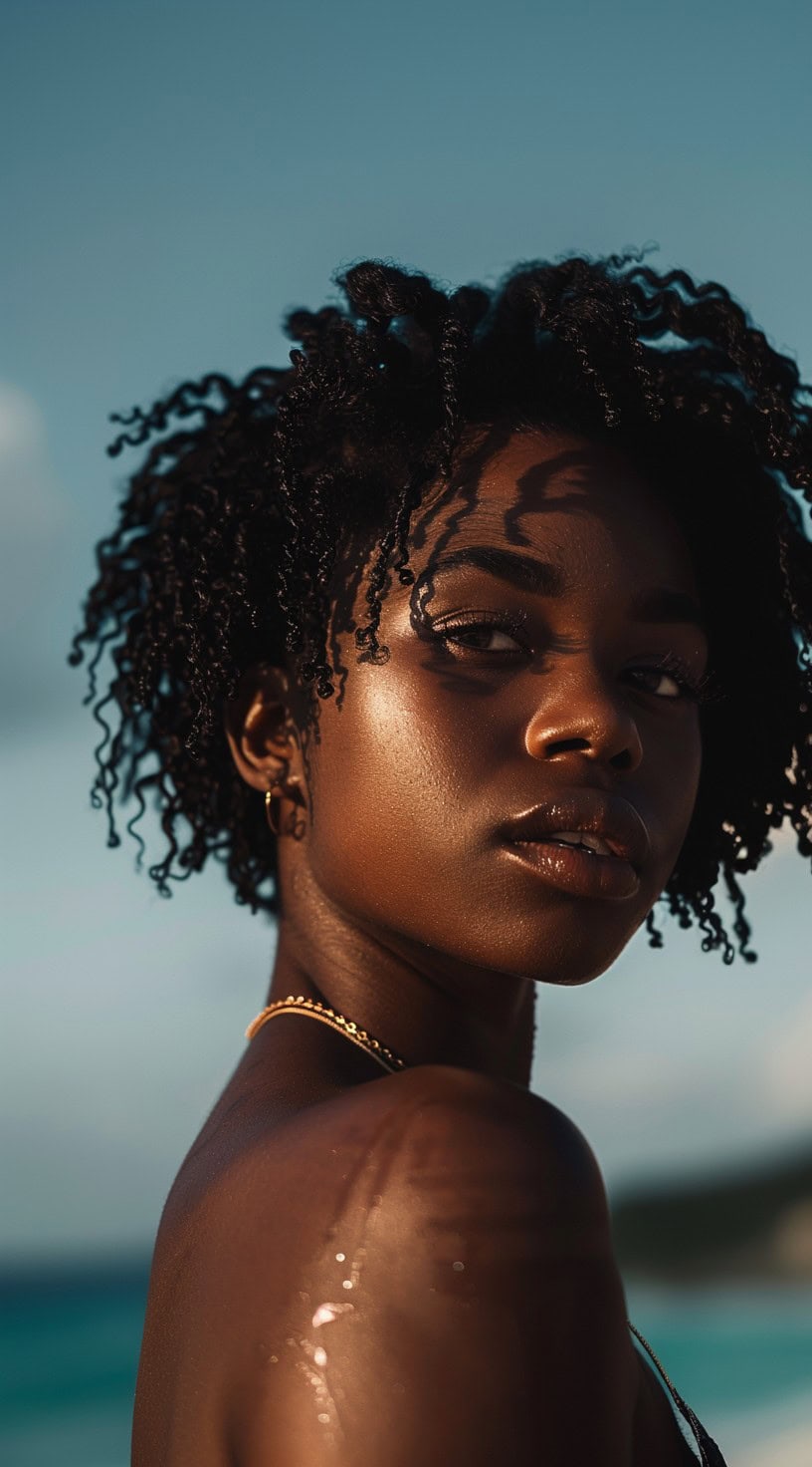 This photo depicts a woman with beachy, textured crochet twists.