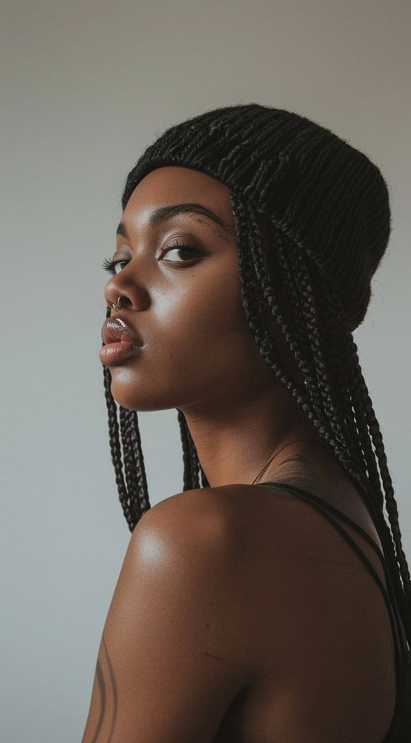 Profile of a woman with cornrows wearing a black beanie.