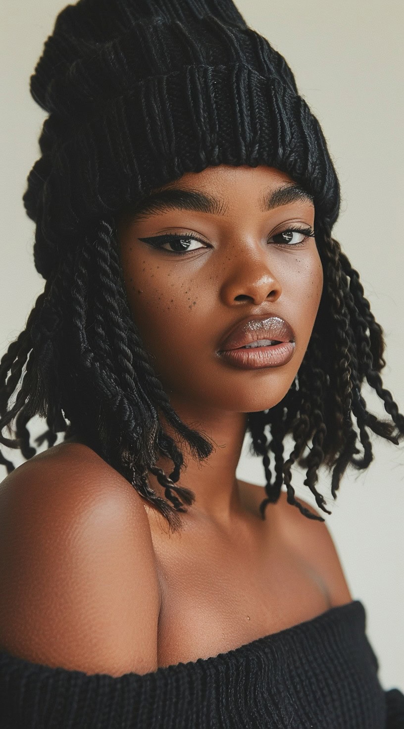 Profile of a woman with crochet braids wearing a black beanie.