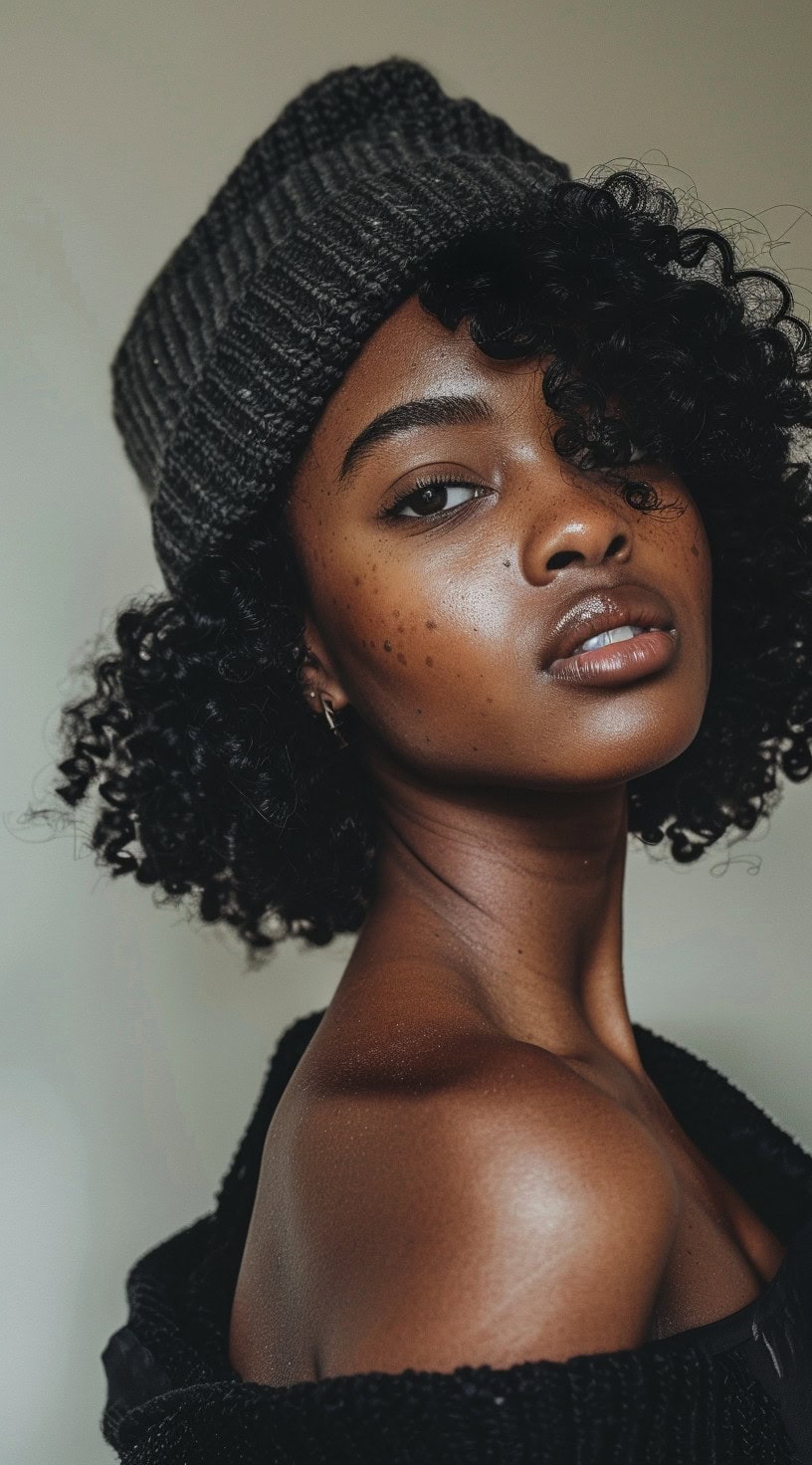 Close-up of a woman with a curly side-parted bob wearing a dark gray beanie.