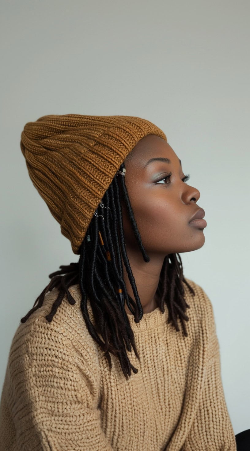 Side profile of a woman with faux locs wearing a mustard beanie.