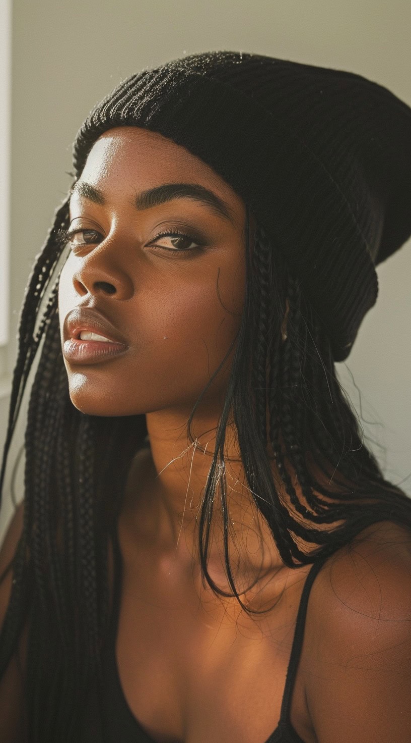 Close-up of a woman with goddess braids and straight hair wearing a black beanie.