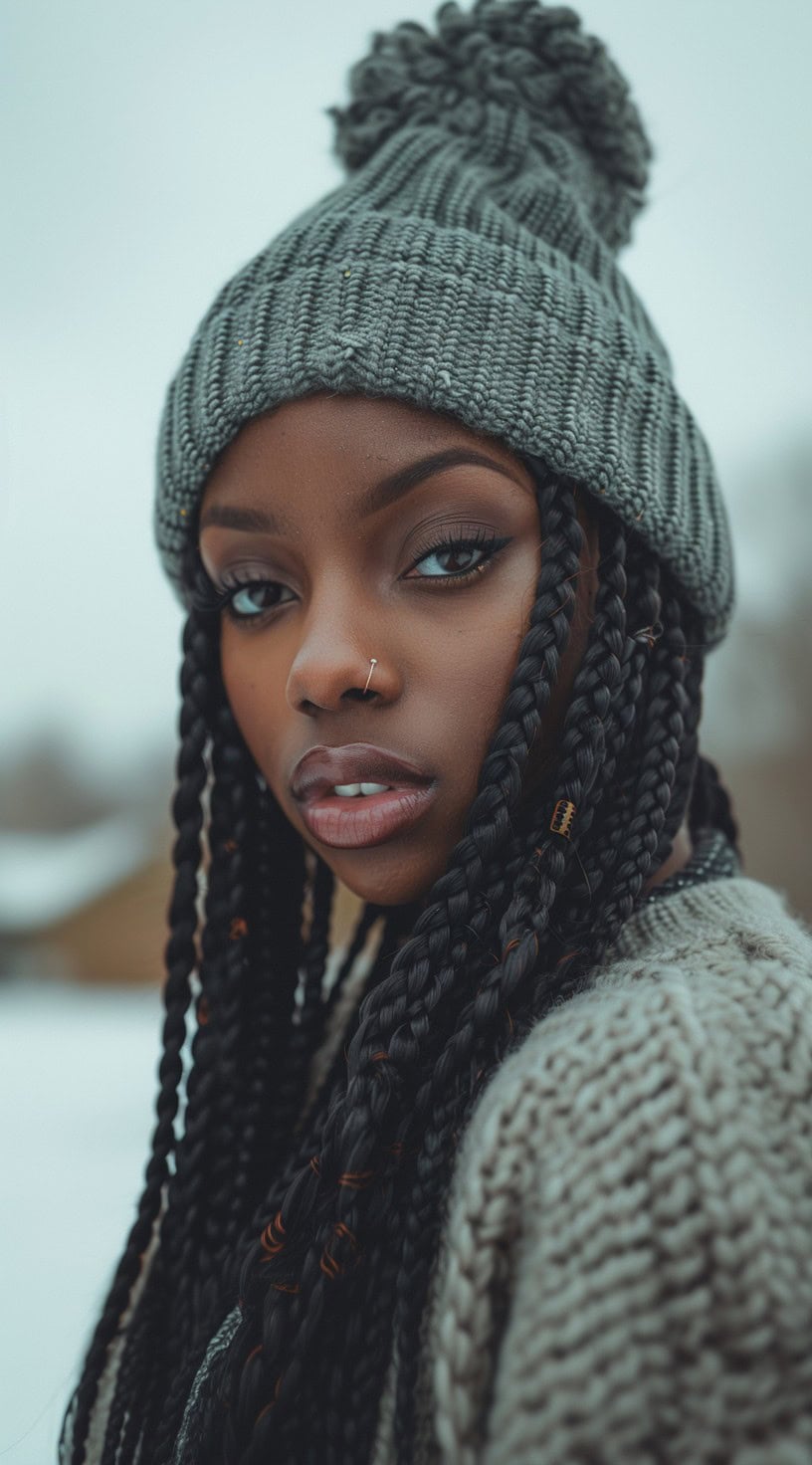 Close-up of a woman with long box braids wearing a gray beanie with a pom-pom.