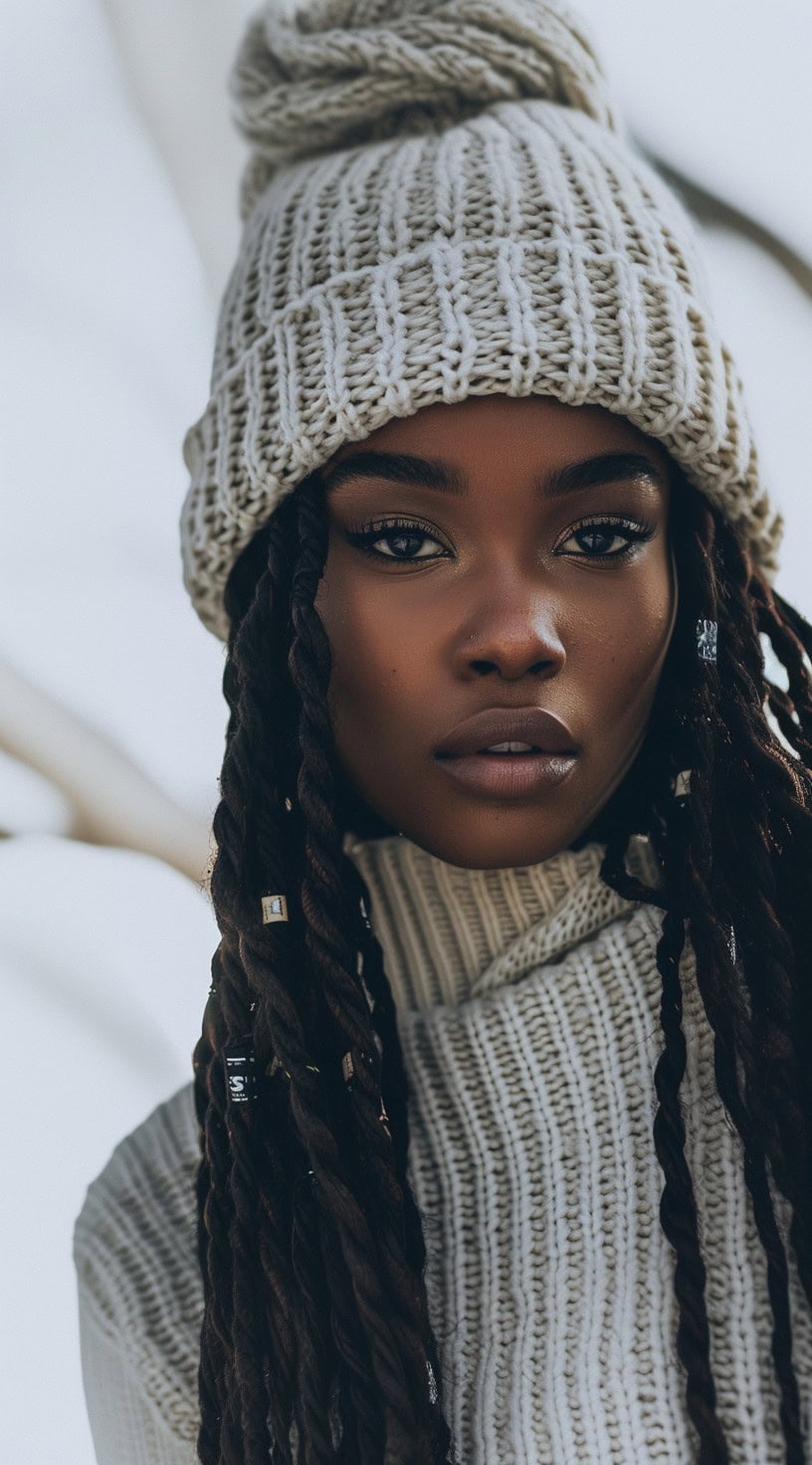 Close-up of a woman with long Havana twists wearing a beige beanie.