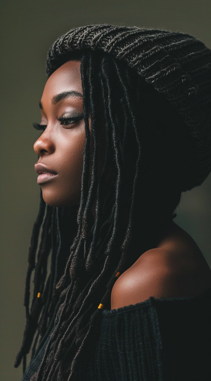 Side profile of a woman with long locs wearing a dark gray beanie.