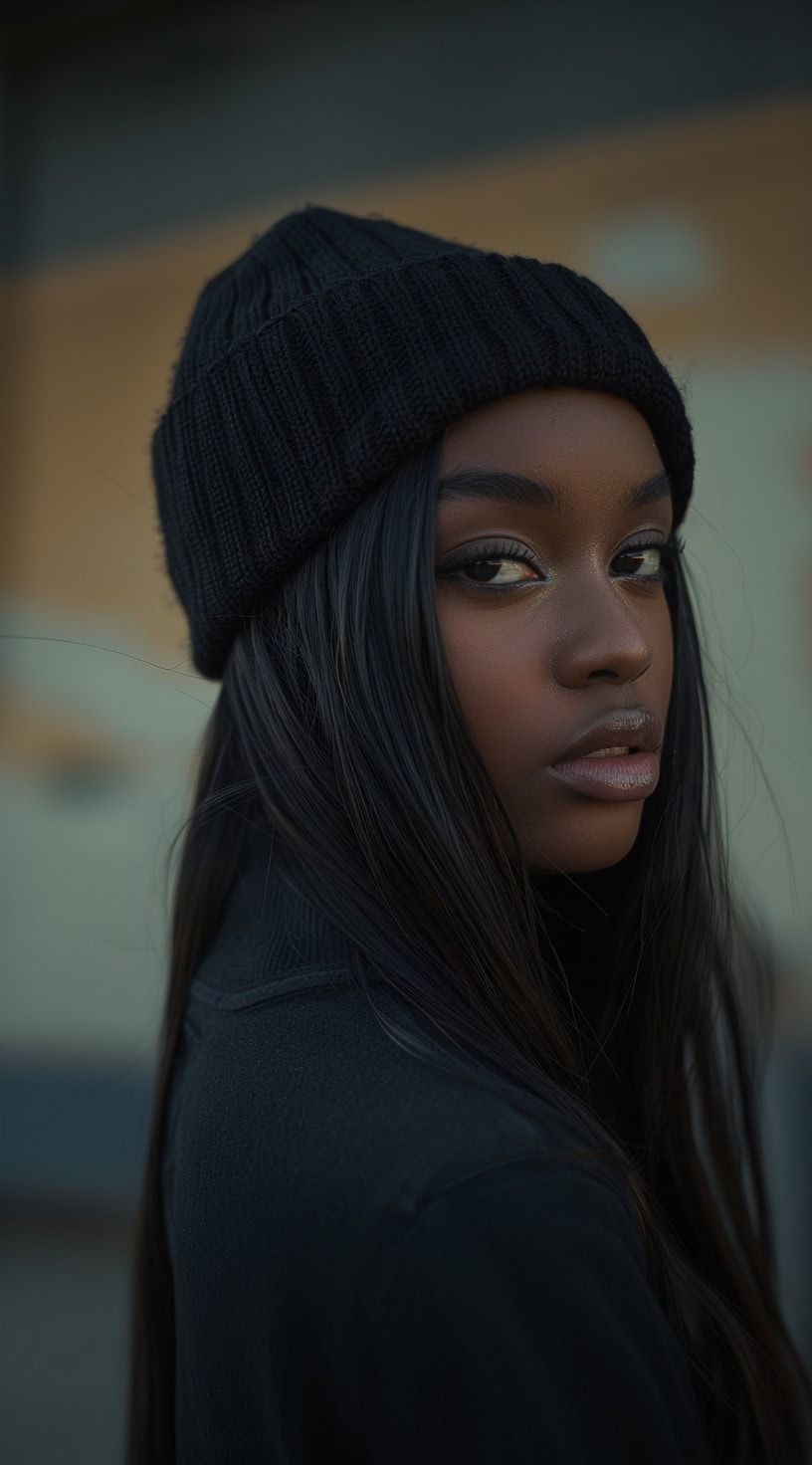 Side profile of a woman with long straight hair wearing a black beanie.