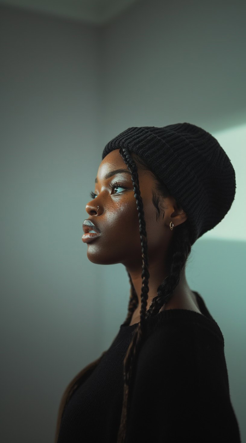 Side profile of a woman with low braided pigtails and braided tendrils wearing a black beanie.