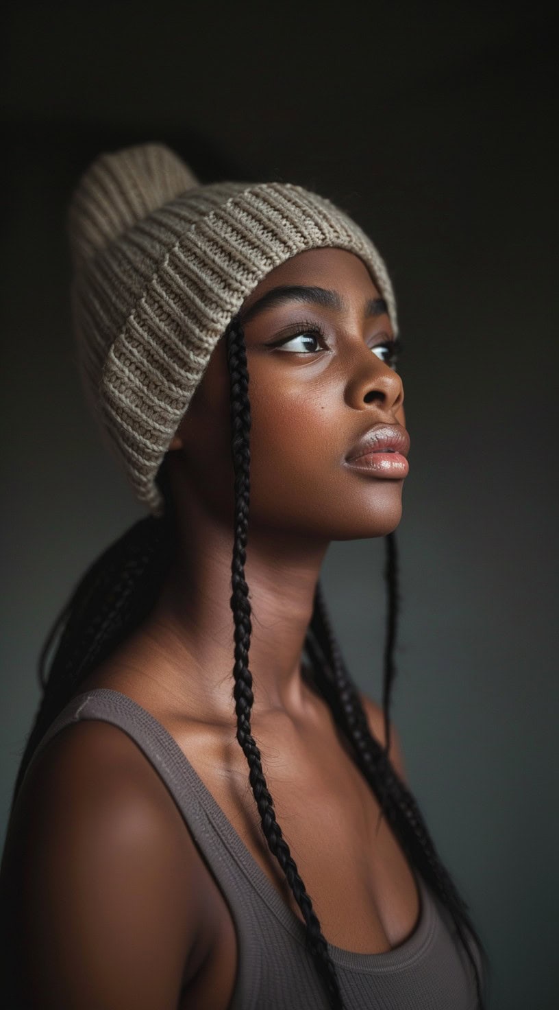 Side profile of a woman with low ponytail braids and braided tendrils wearing a beige beanie.