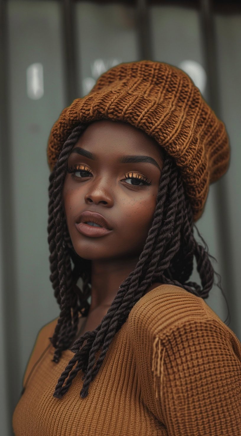 Close-up of a woman with medium Marley twists wearing a mustard beanie.