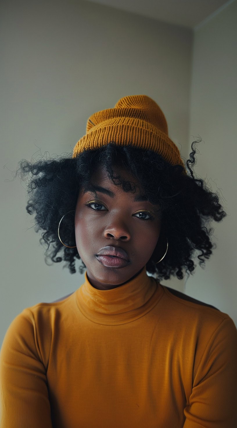 Close-up of a woman with medium natural hair and bangs wearing a mustard beanie.