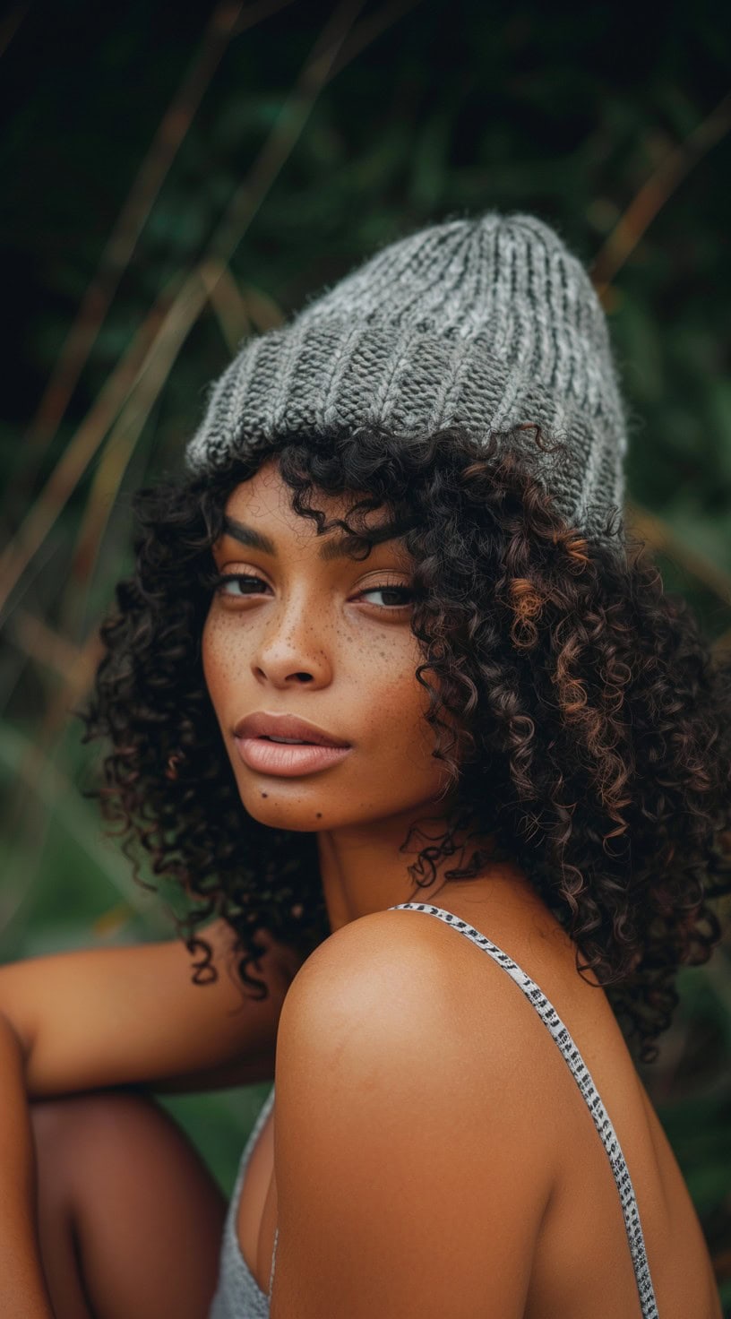 Close-up of a woman with natural curls wearing a gray beanie.