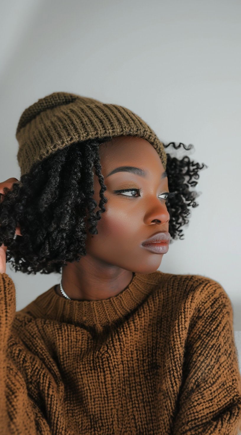 Close-up of a woman with natural twists wearing a brown beanie.