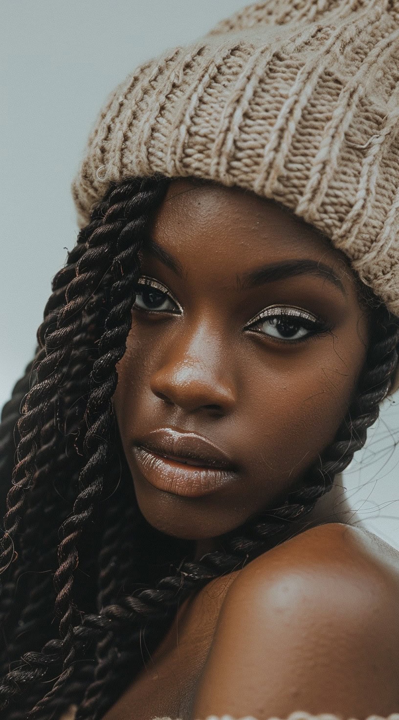 Close-up of a woman with Senegalese twists wearing a beige beanie.