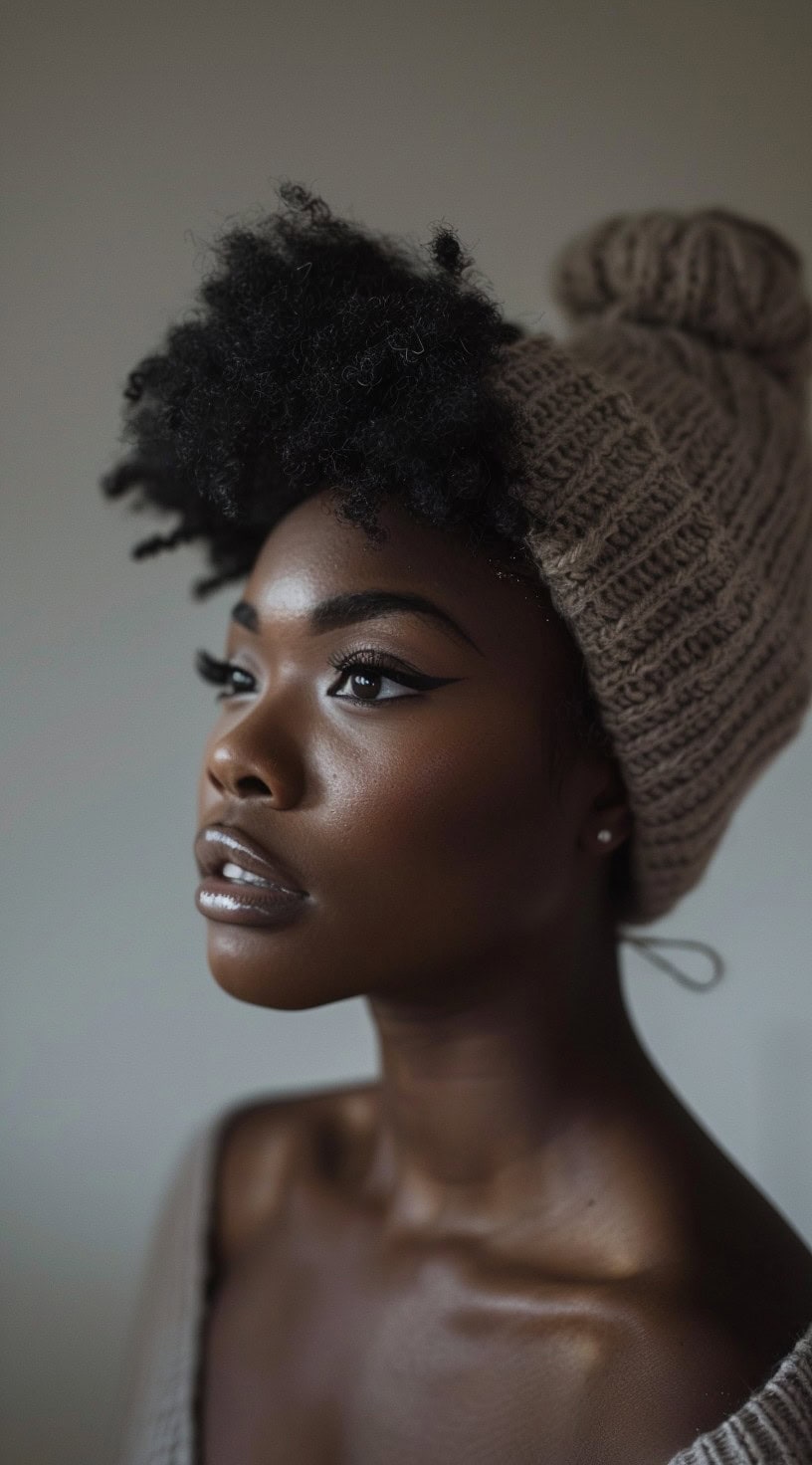 Side profile of a woman with a short afro wearing a beige beanie.