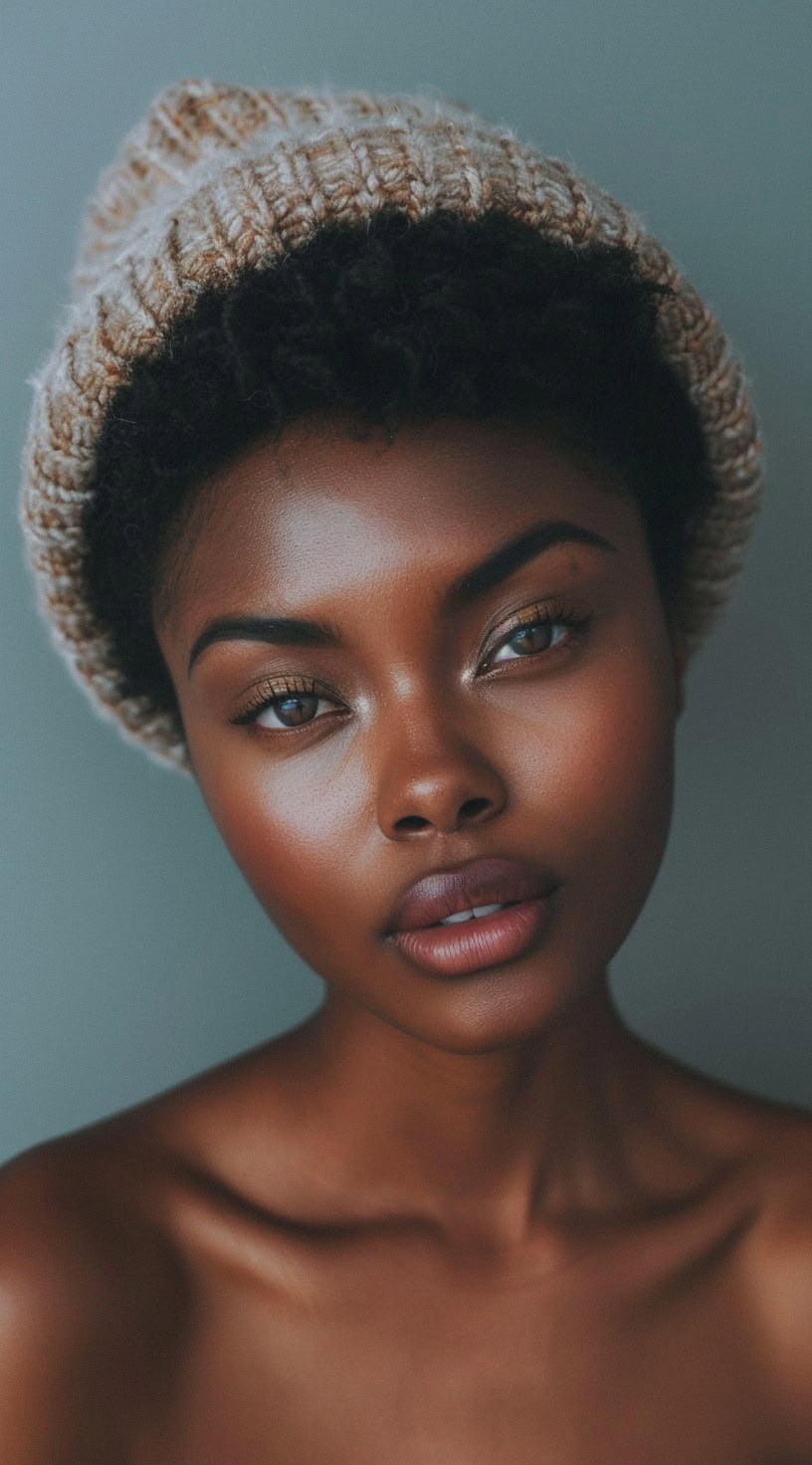 Close-up of a woman with short natural hair wearing a beige beanie.