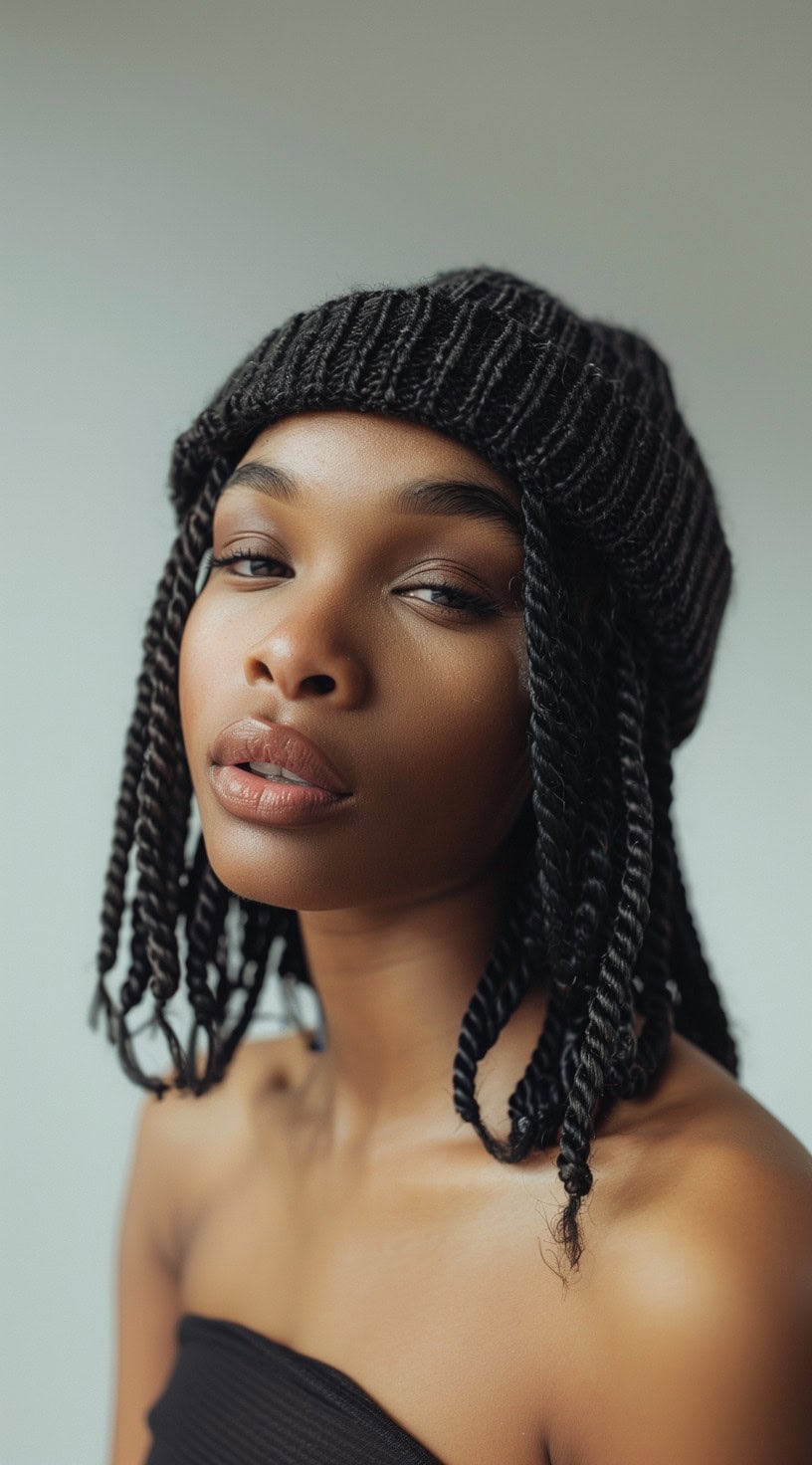 Close-up of a woman with short two-strand twists wearing a black beanie.