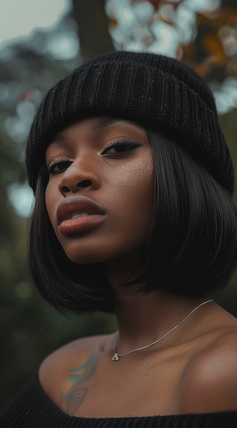 Close-up of a woman with a sleek bob and flipped-in ends wearing a black beanie.