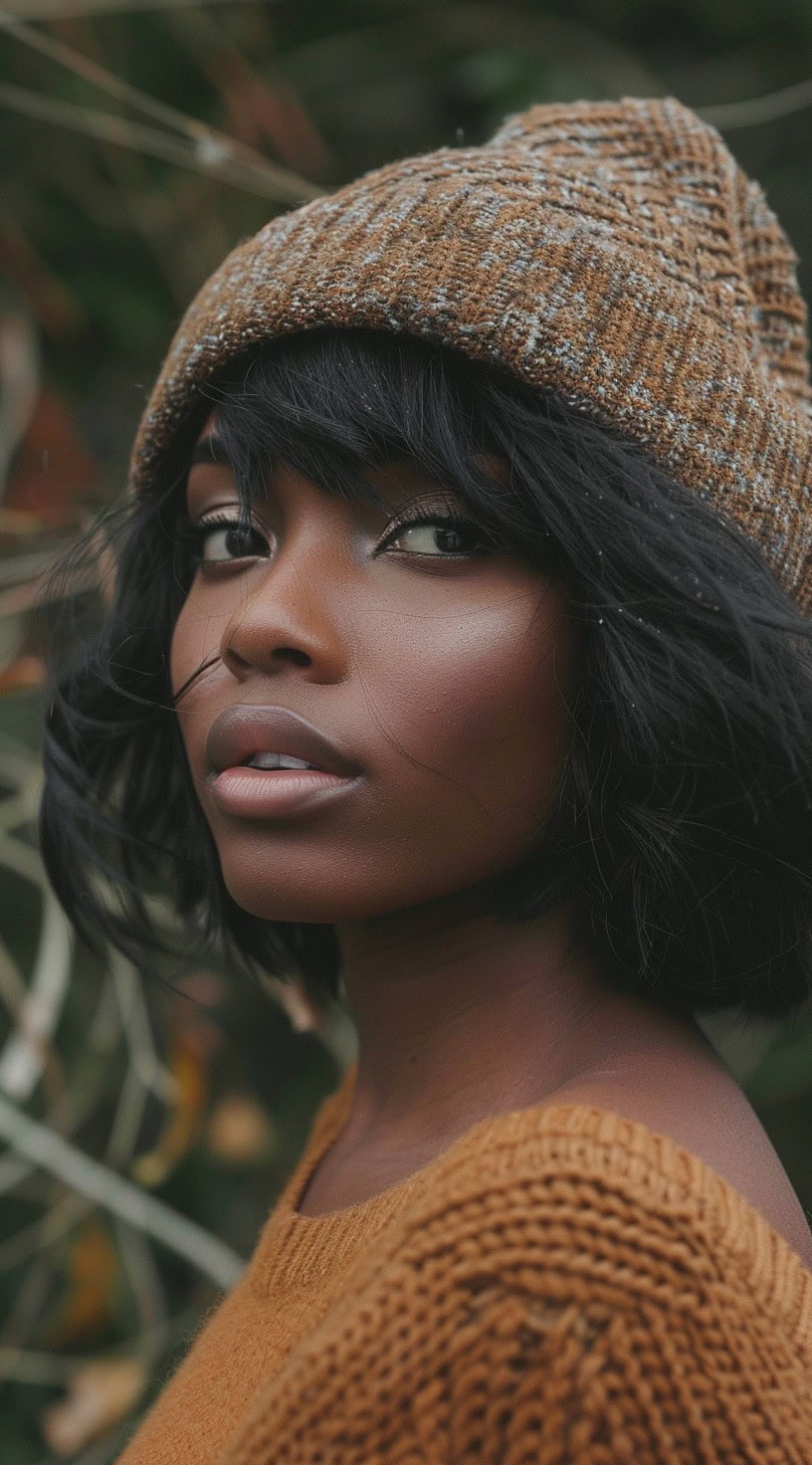 Close-up of a woman with a soft bob and side-swept bangs wearing a brown beanie.