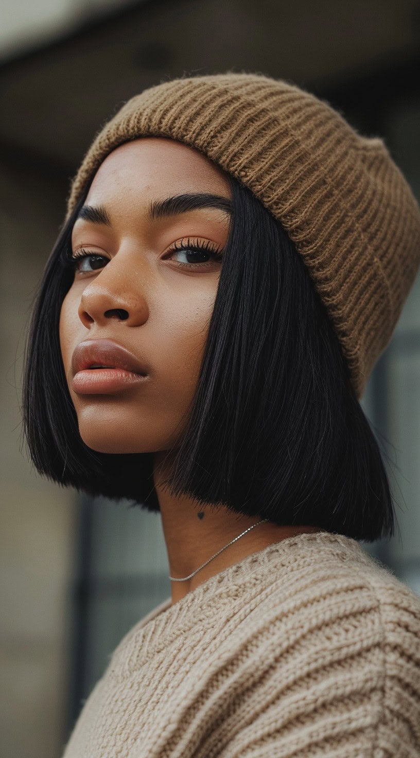 Close-up of a woman with a straight blunt bob wearing a beige beanie.