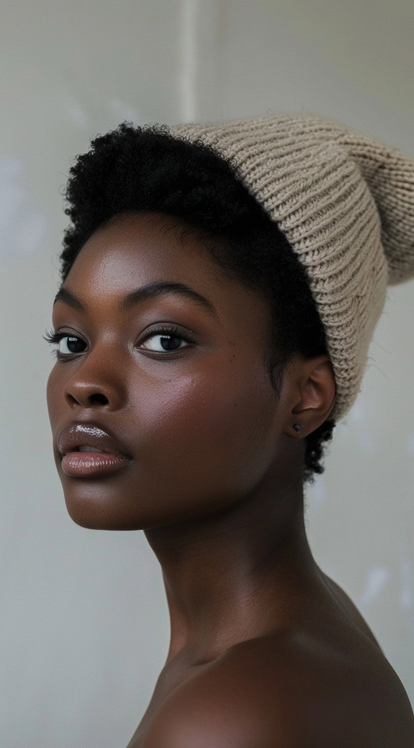 Side profile of a woman with a teeny weeny afro wearing a beige beanie.