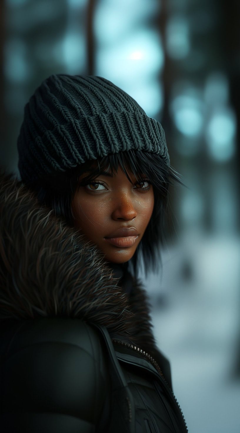 In this photo, a woman with a sleek bob and bangs is wearing a ribbed beanie in a snowy forest.