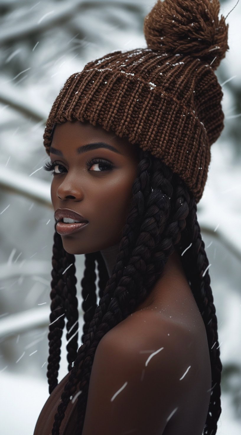 A woman with thick, long braids is wearing a brown beanie with a pom-pom in a snowy environment.