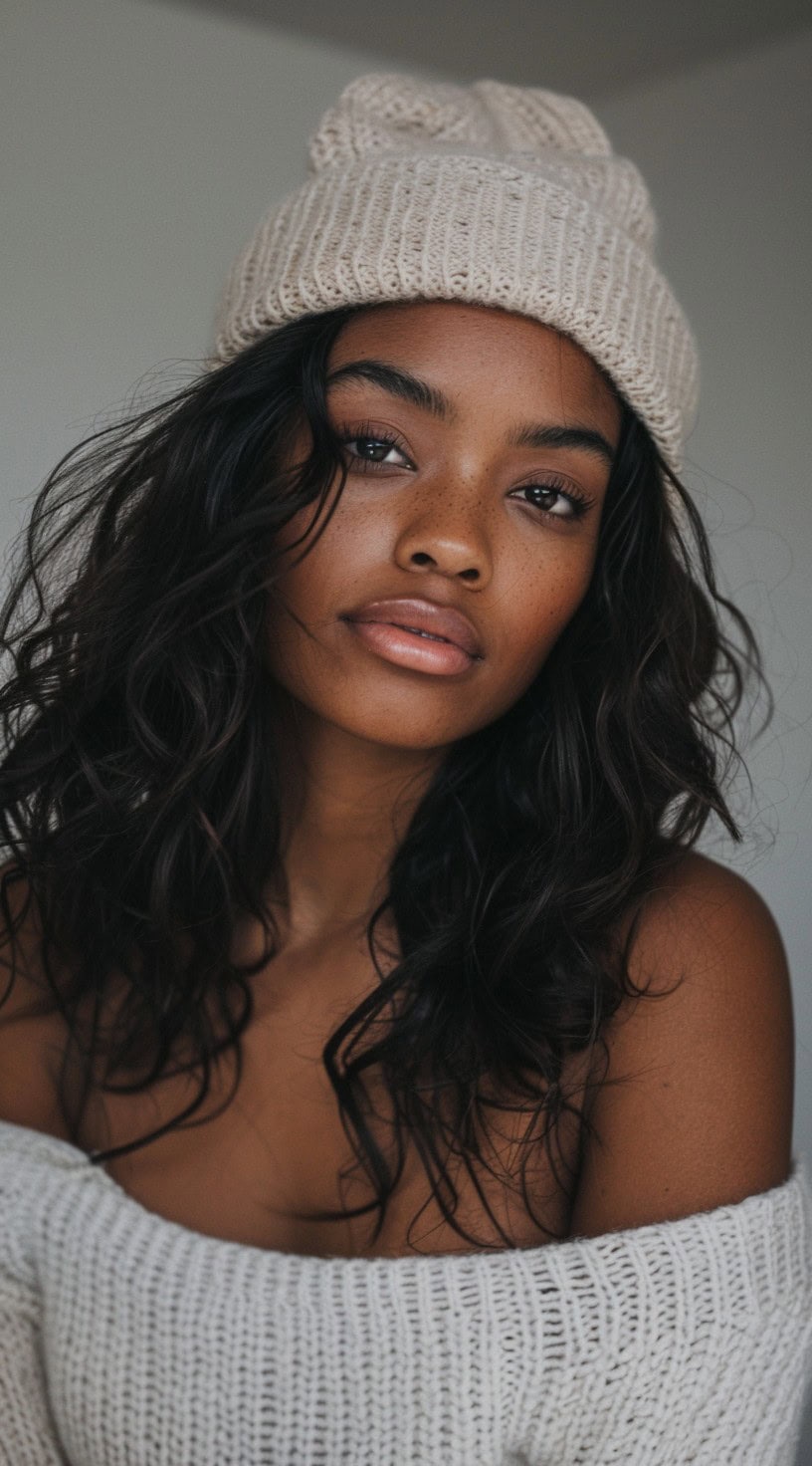 A woman with wavy hair and a cream beanie poses indoors, exuding casual elegance.