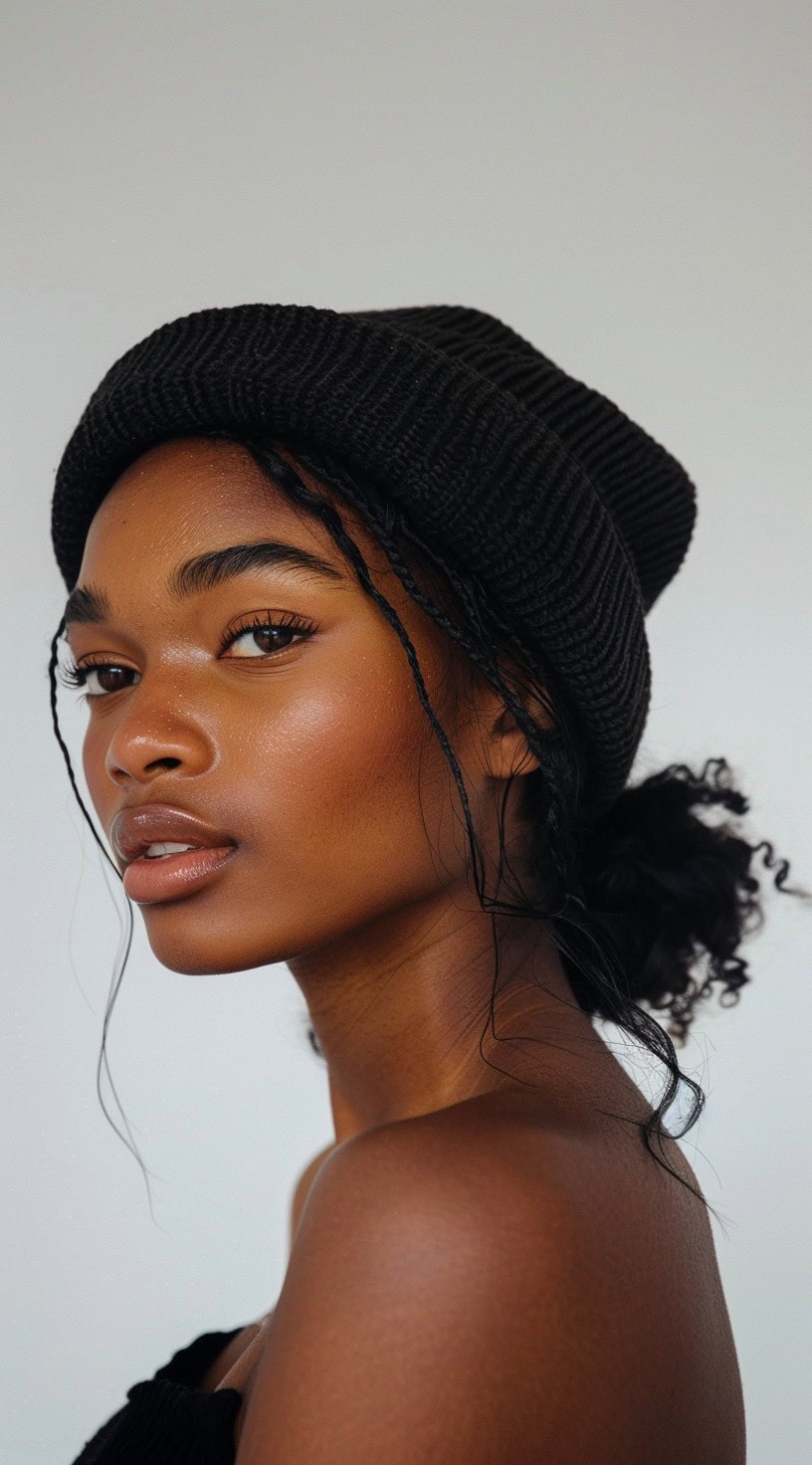 A woman with a low bun and a black beanie looks stylish and modern.