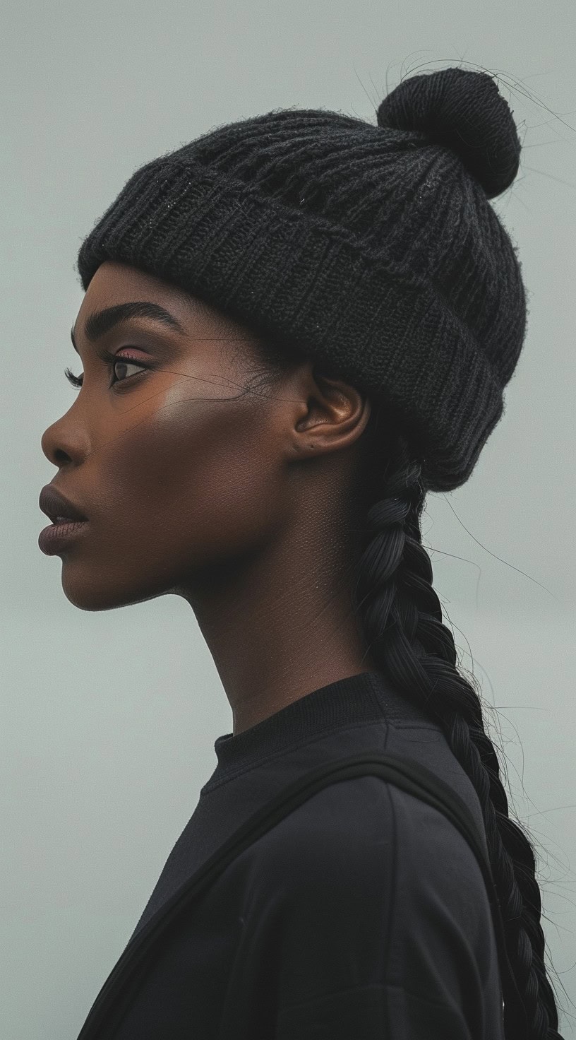 A woman with a low, sleek braid and a black beanie poses in profile, showcasing a minimalist look.