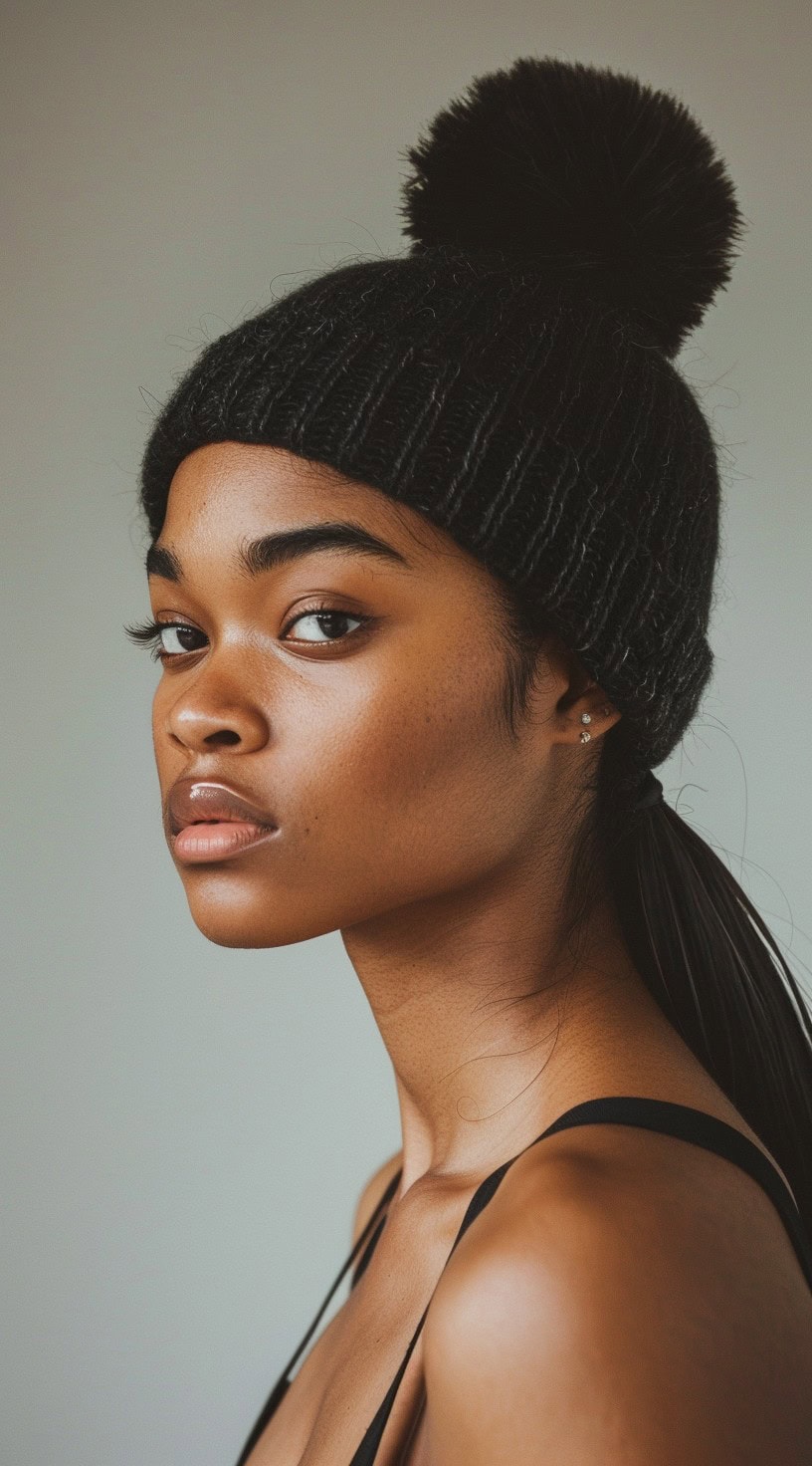 In this photo, a woman with a sleek, low straight ponytail is wearing a black beanie with a pom-pom.