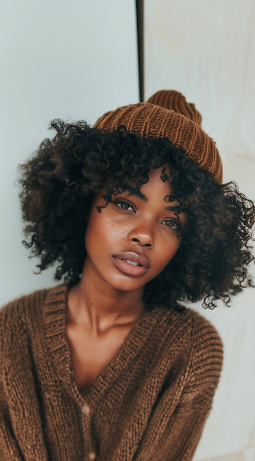 A woman with a twist-out hairstyle is wearing a brown beanie and a matching sweater indoors.