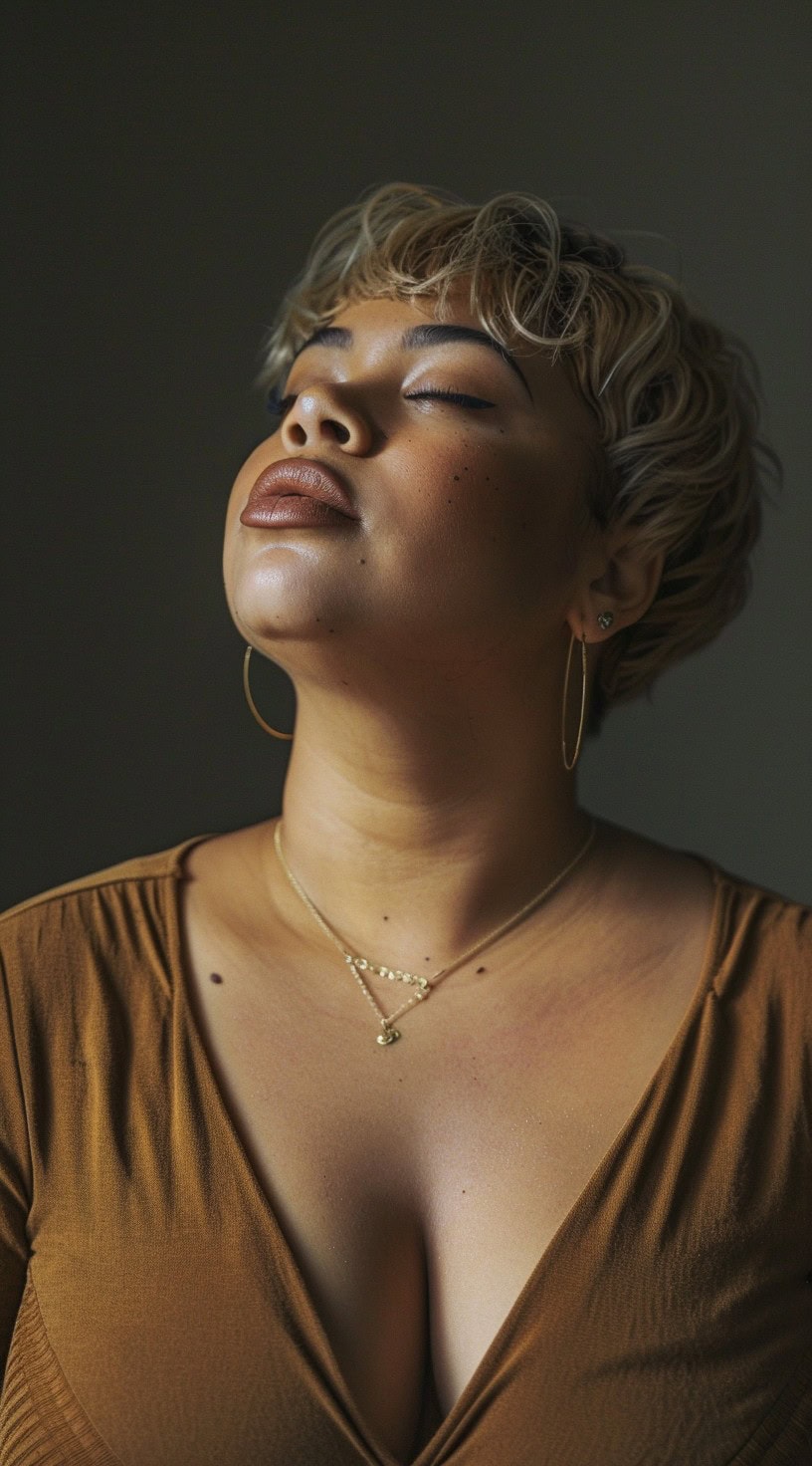 This image shows a black woman with a blonde pixie cut, her hair styled short and textured with a soft fringe.