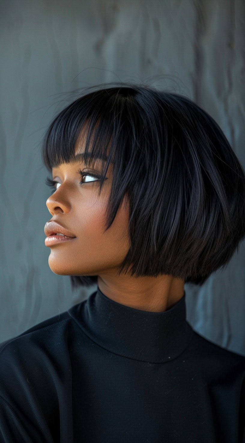 Side profile of a woman with a blunt bob haircut and edgy bangs, wearing a black turtleneck.