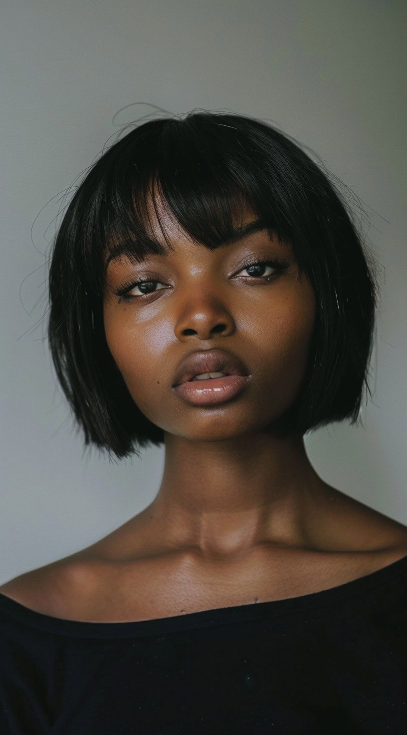 Front view of a woman with a blunt bob haircut and micro bangs, wearing a black top.