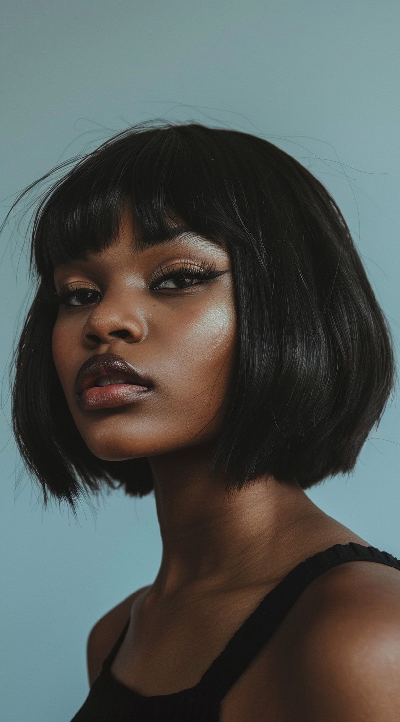 Side profile of a woman with a blunt bob haircut and rounded edges, wearing a black top.