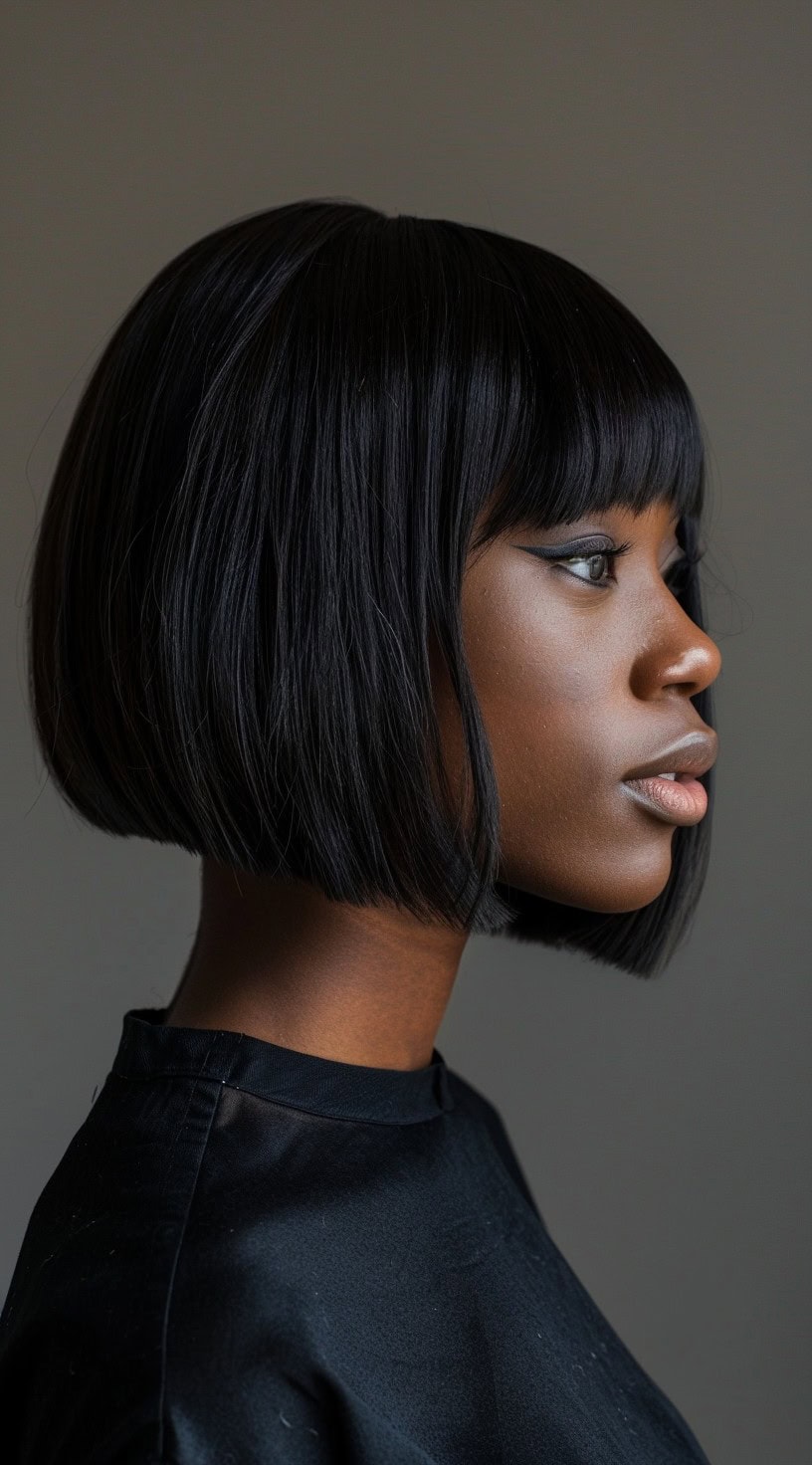 Side profile of a woman with a blunt bob haircut and sleek bangs, wearing a black top.