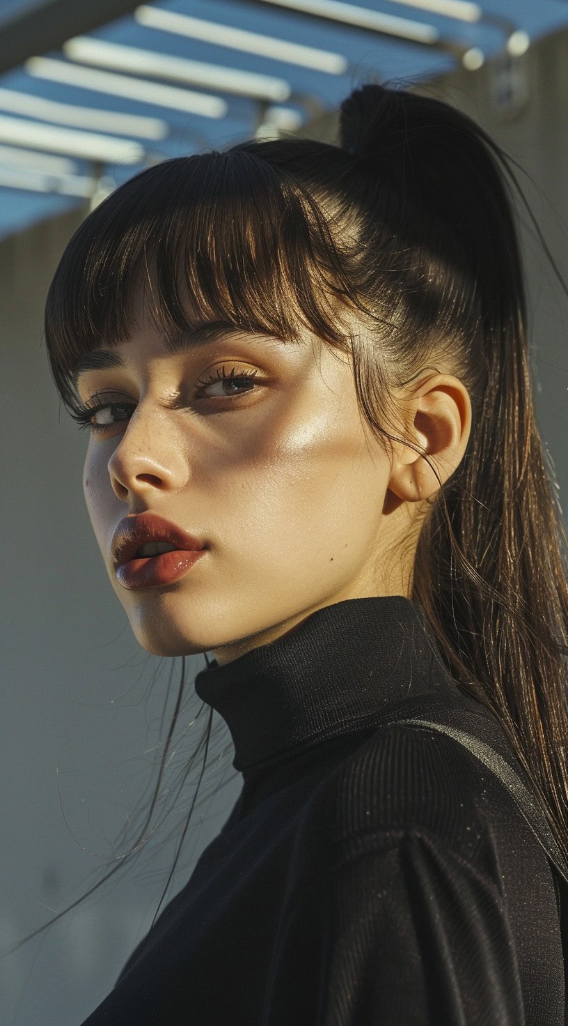 Close-up of a woman with sleek, straight hair tied in a high ponytail, complemented by blunt bottleneck bangs.