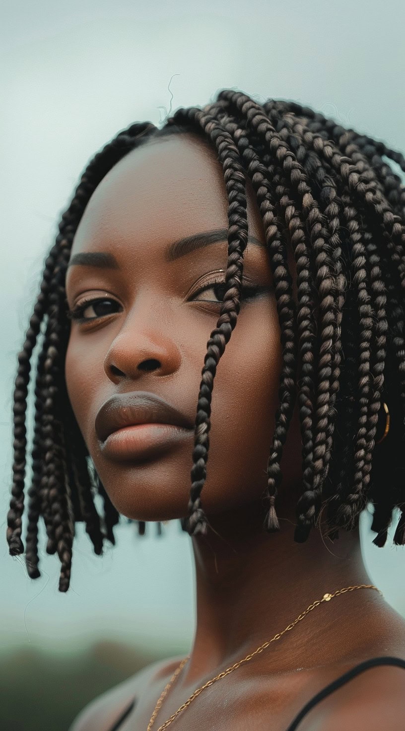 A woman with a chic blunt braided bob stares confidently into the distance with a cloudy sky as the background.