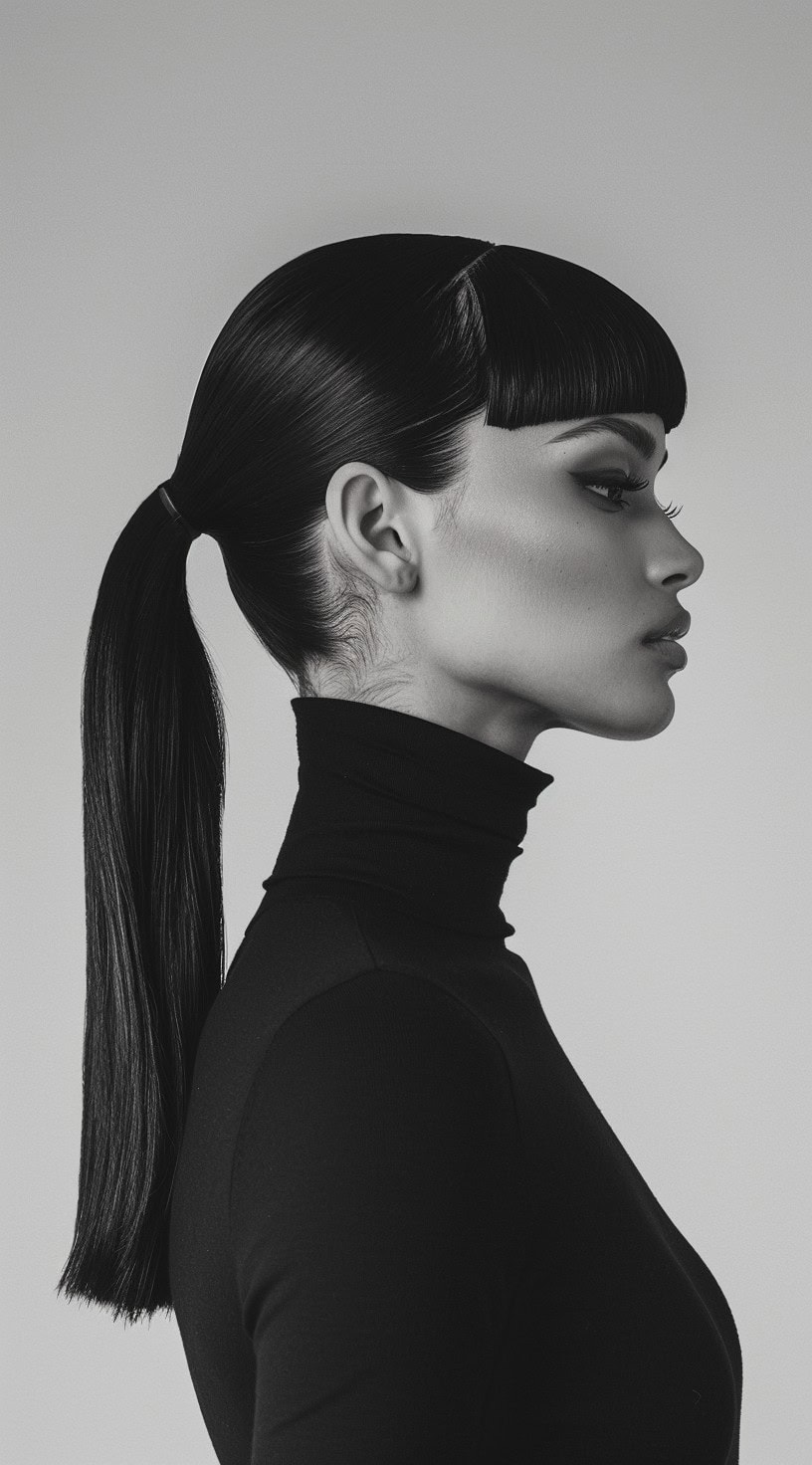 A woman with a sleek ponytail and blunt bangs, wearing a black turtleneck.