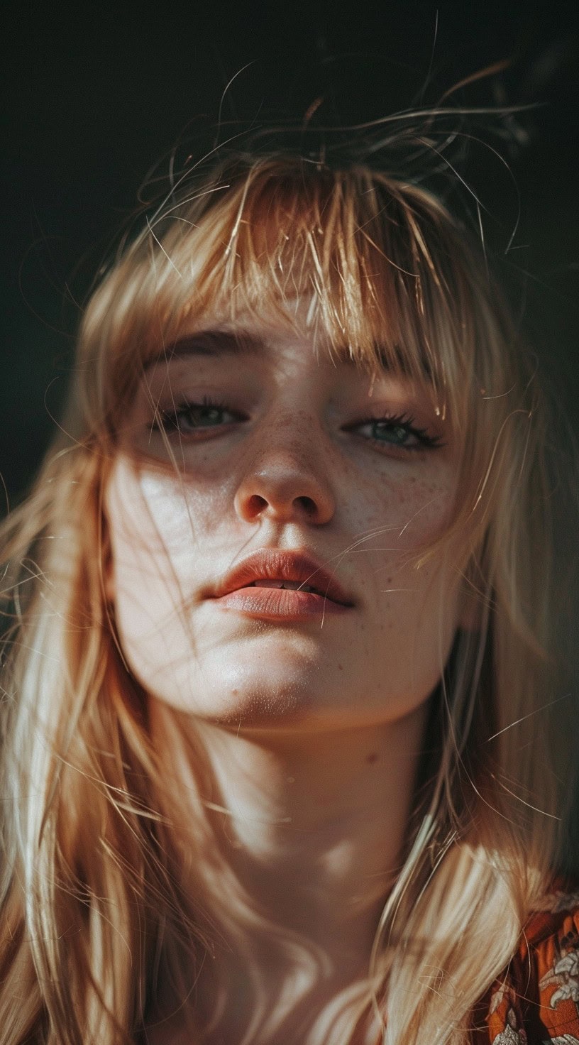 Close-up of a woman with light blonde hair and blunt half bottleneck bangs, styled in a loose, casual manner.