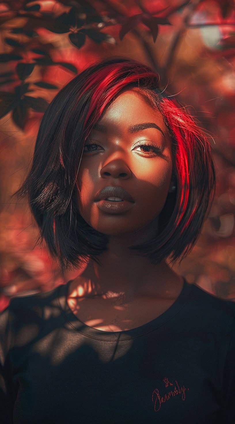 In the photo, a woman with a red bob featuring peekaboo highlights is shown.