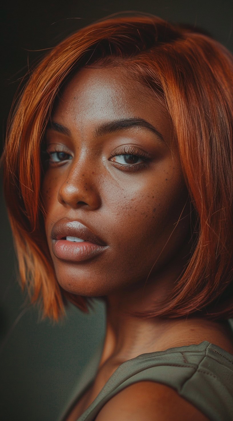 In the photo, a woman with a sleek red bob and a side part is shown.