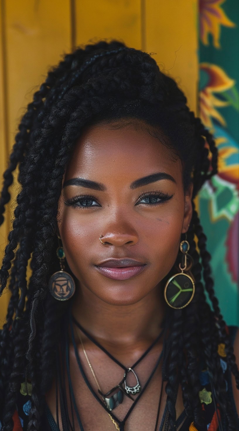 In this photo, a woman with long, thick box braids and colorful earrings smiles softly.