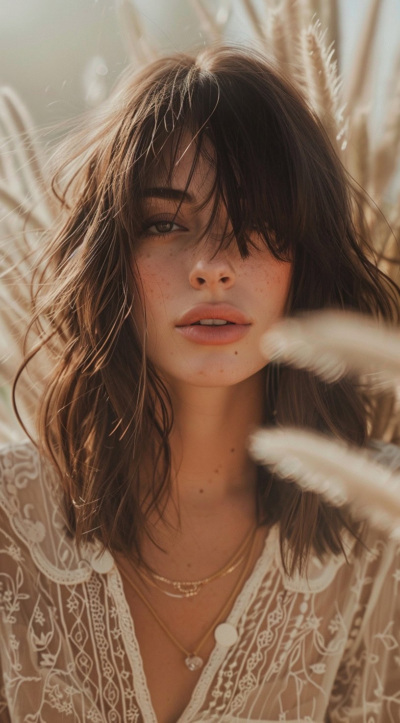 In this photo, a woman with a boho lob featuring soft waves and natural freckles is surrounded by dried grasses.